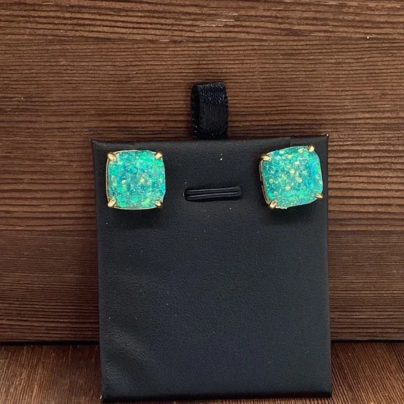 213. Turquoise & Gold Sparkle Square Peg Earrings EUC