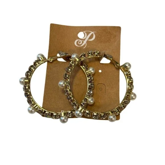 Plunder Design Fashion Jewelry Kirby Gold Pearl Crystal Hoop Dangle Earrings