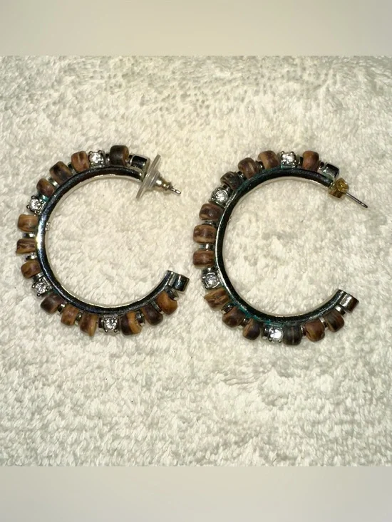 Authentic Givenchy 925 Silver Wood Bead Rhinestone Half Hoop Earrings Y2K