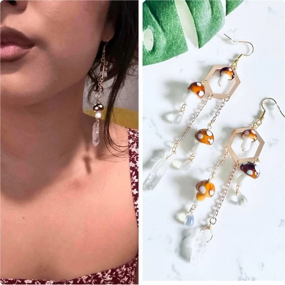2/$30🌵 Mushroom Gold Chandelier Earrings Crystals Forest Hippie Boho Fairy NEW