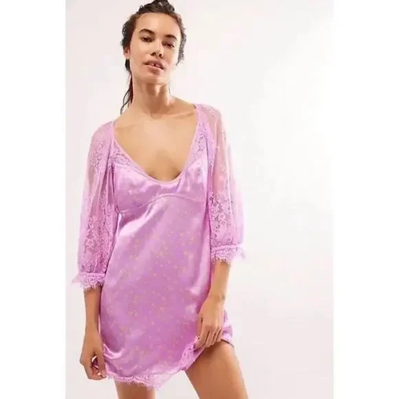 Free People Women's Polka Dot About That Lace Satin Mini Dress Sz S Purple NWOT