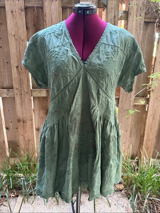 Free People Olive Green Embroidered V-Neck Tunic