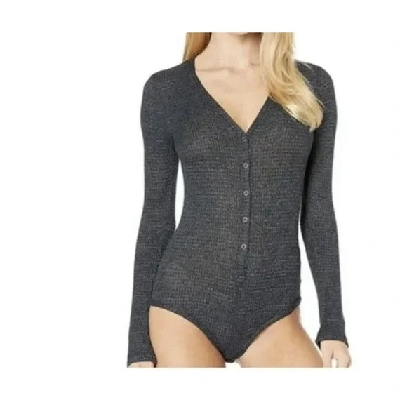 Free People Bodysuit Women Medium Black‎ Keep Your Cool Thermal Knit Long Sleeve