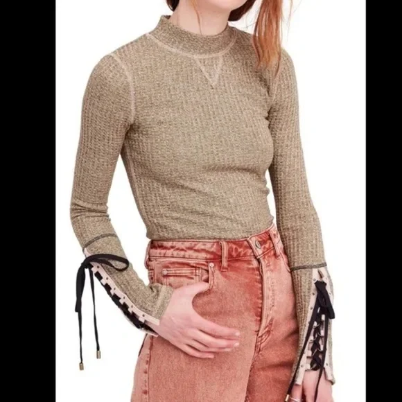 Free People Mountaineer Cuff Lace Up Sleeve Top
