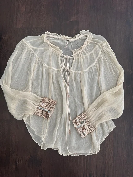 FREE PEOPLE SHIRT BLOUSE SEQUIN CUFF CREAM LONG SLEEVE WHIMSICAL FAIRY FLUTTER