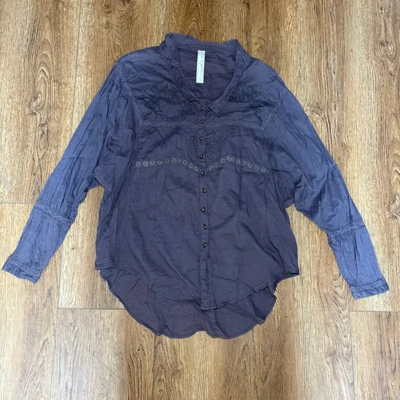 Free People Purple‎ Embroidered Lace Lagenlook Blouse Small Boho New Romantics