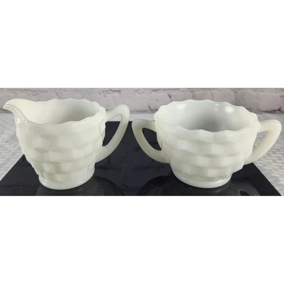 Vintage Milk Glass Sugar Bowl & Creamer with Block / Basket Weave Design