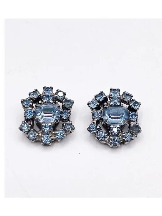 Vintage Silver Tone Blue Rhinestone Floral Cluster Clip-On Earrings Retro MCM