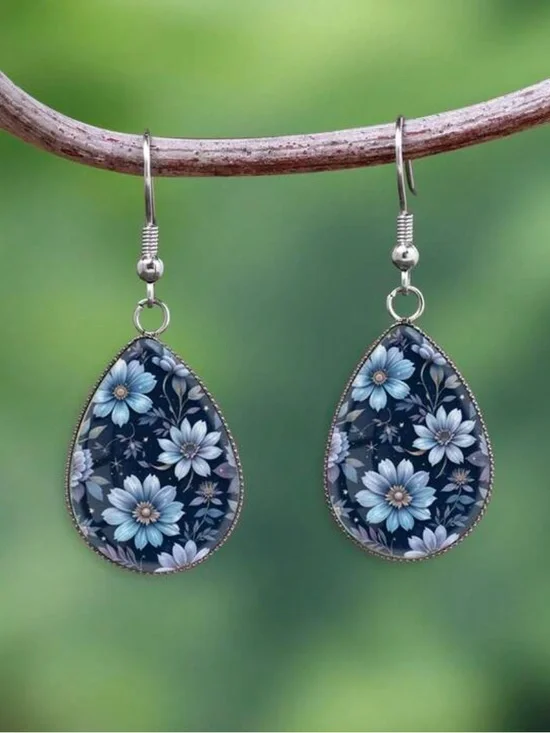Floral‎ Teardrop Drop Earrings - Blue