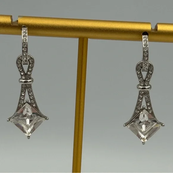 Art Deco Style‎ Silver Tone Rhinestone Dangle Earrings Princess Cut Crystal