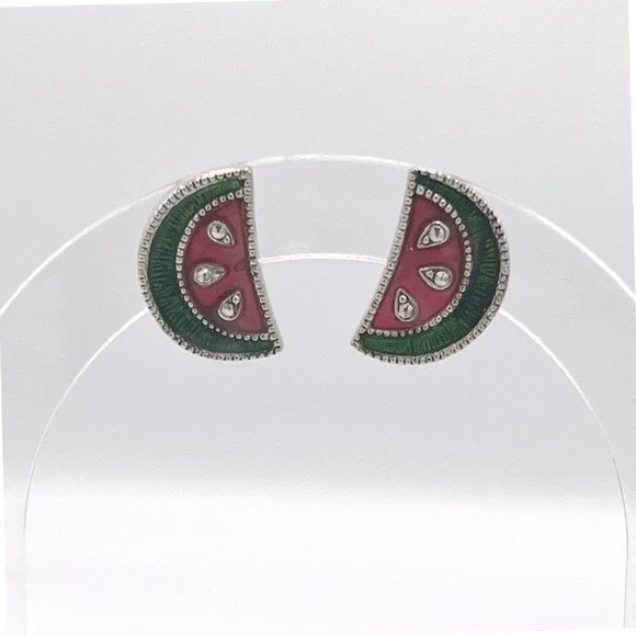 Avon Watermelon Slice Enamel Stud Earrings Silver Tone Vintage Summer Jewelry