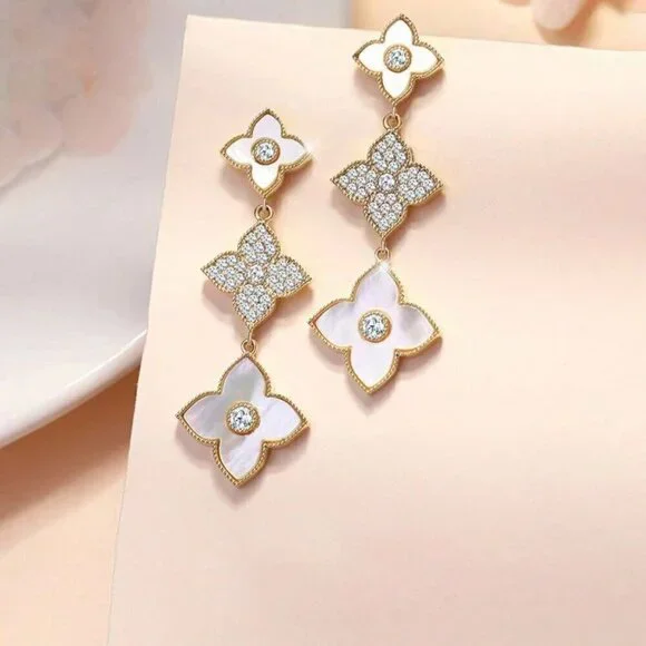 Gold Boho Womens Long Leaf & Flower Earrings Embedded With Rhinestones