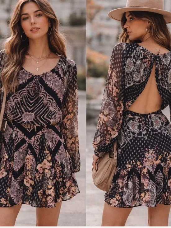 Free People Seven Wonders Mini Dress Patchwork Floral Boho Withcy Whimsygoth