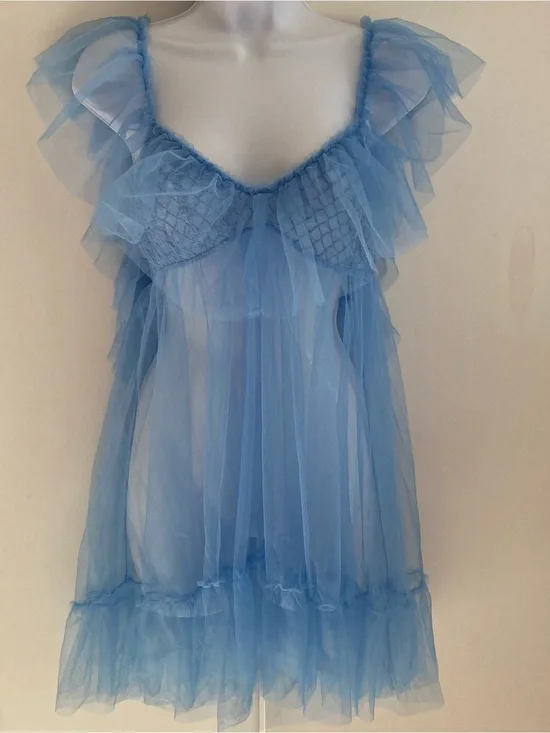 Free People Blue Star of The Show Sheer Tulle Babydoll Mini Slip, NWT Sz M