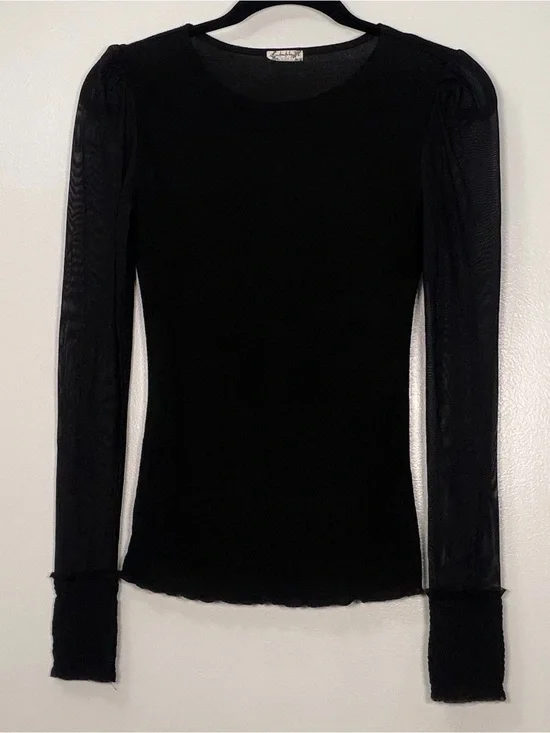 Free People Black Long Sleeve Mesh Sleeve Crewneck