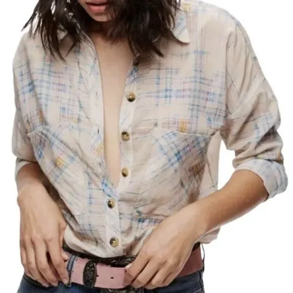 Free People Shore Vibes Plaid Long Sleeve Button Up