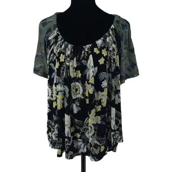 Free People Womens Blouse Top Floral Cold‎ Shoulder Short Sleeve Black Small
