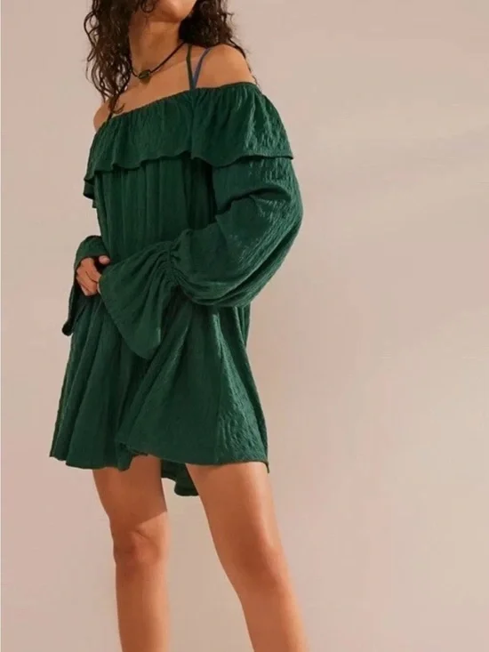 Free People Beach Medium Hayden Off Shoulder Mini Dress Ruffles Emerald Green M