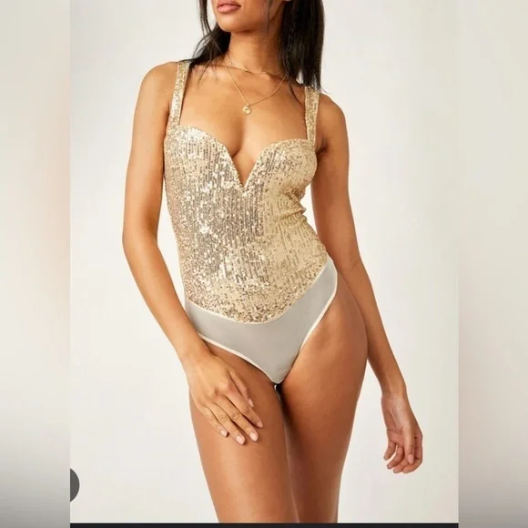 NWOT Free People, Sparks Fly Corset Bodysuit, Small in Gold