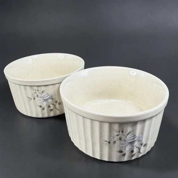 Southampton Stoneware Collection Ramekins Set 2 Grey Floral Cream Made in Japan