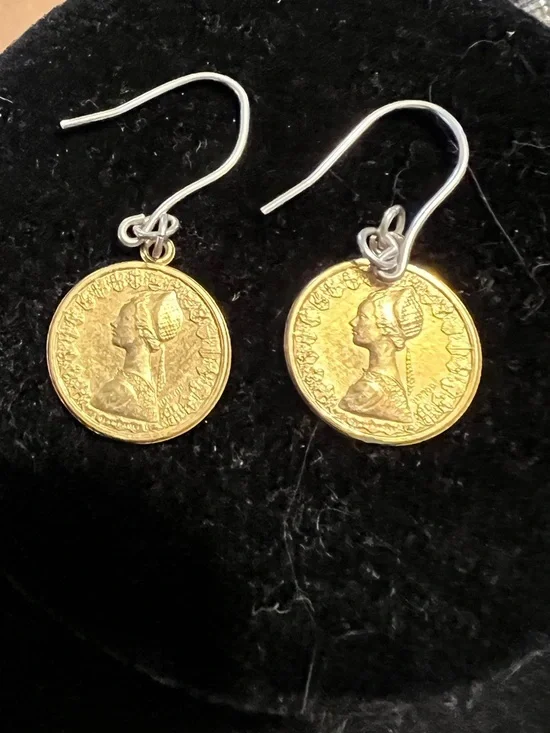 Two tone Italian 500 Lire coins on sterling silver hook earrings.