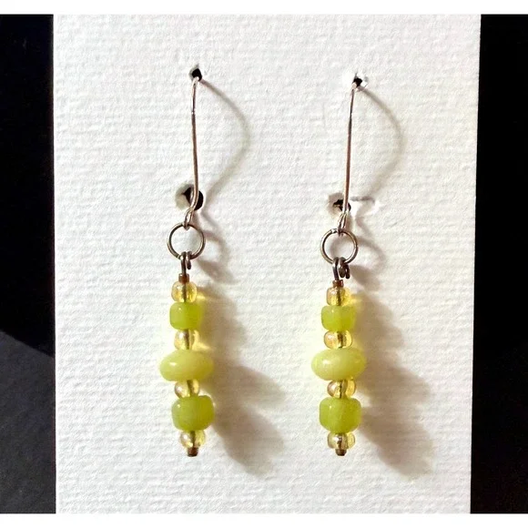 Chartreuse Green Stone Beaded Drop Earrings Silver Tone Stephanie‎ Aune Artist