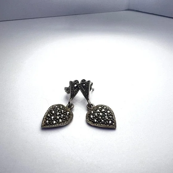 Vintage Sterling Silver Marcasite (Pyrite) Heart Drop‎ Earrings Dangle Pierced