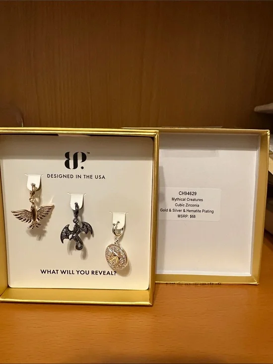 BP Mythical Creatures Dragon and Medallion Drop Charms in multiple plating.