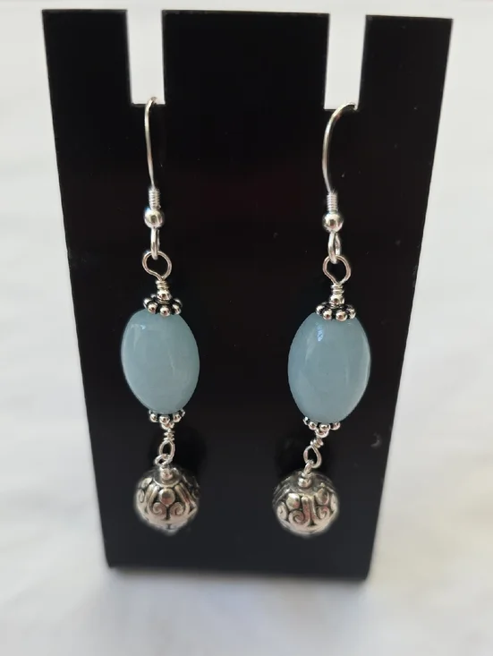 Sterling Silver Drop Earrings with Aquamarine Beads and Filigree Orbs