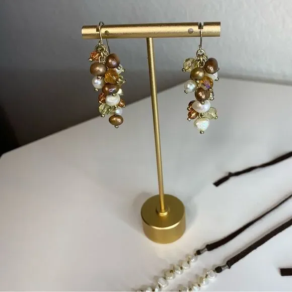 Gold, Pearl, & Bronze Cluster Drop Earrings
