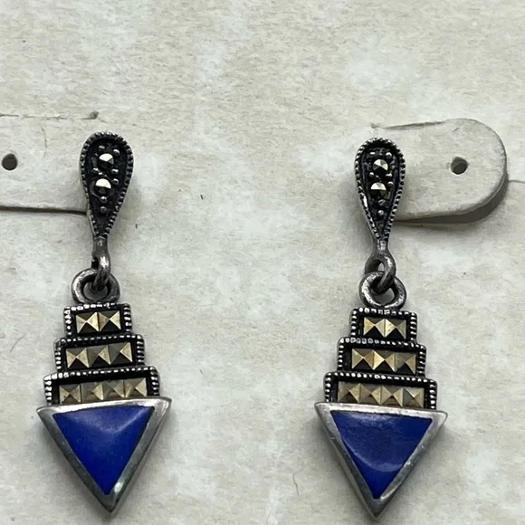 Vintage Sterling Silver and Blue Lapis Geometric Drop Earrings - Statement gift