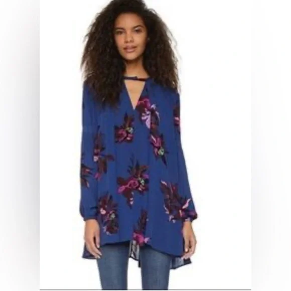 Free People Tree Swing Blue Floral Printed Rayon Oversized Tunic Mini Dress XS