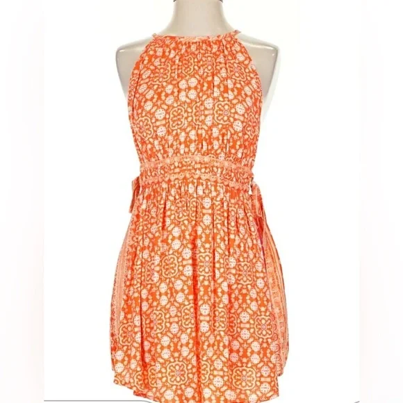 Free People Large Orange Floral Sleeveless Halter Tunic Mini Dress Top