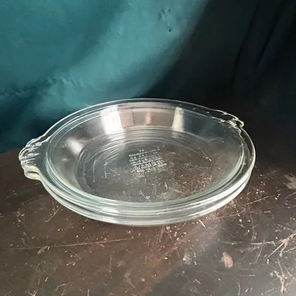 2 Vintage GL163-Pyrex #207 Pie Plate Clear Glass 18cm Scalloped Handles