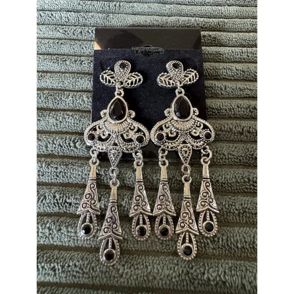 Silver Tone Dangle Earrings with‎ Black Accents, Statement Fashion Jewelry