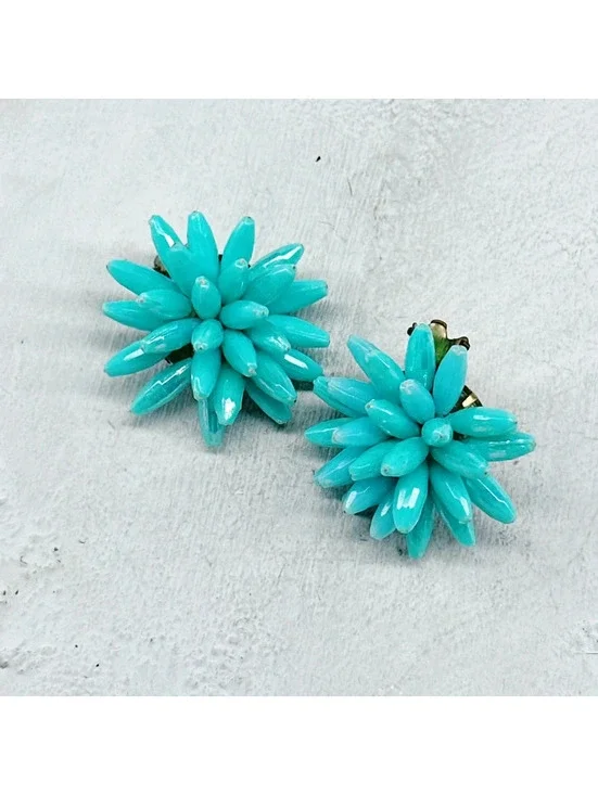 836mc. Aqua Floral CLIP ON’s Earrings Vintage