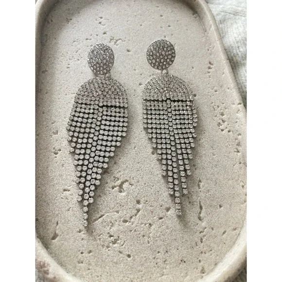 Silver Tone Rhinestone Fringe Earrings Waterfall Dangle Statement Party Glam‎