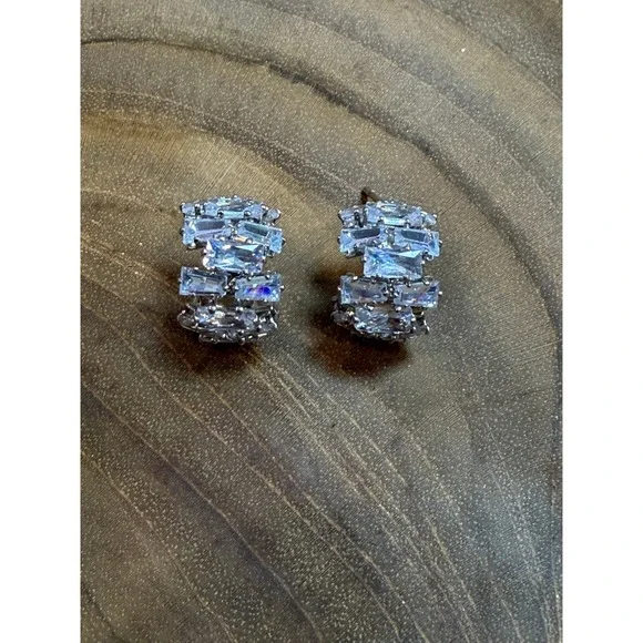 Silver Baguette‎ Cubic Zirconia C-Hoop Earrings Clear Stone Huggie Post Back NEW