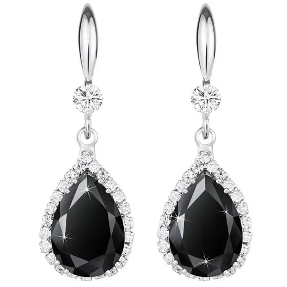 14K White Gold with Black Onyx Cubic Zirconia Teardrop Hook Dangling Earrings