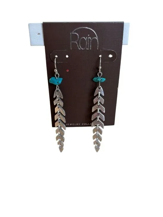 Silver Toned Chevron Designed Drop Earrngs w/ Faux Turquoise Gemstone Accent.