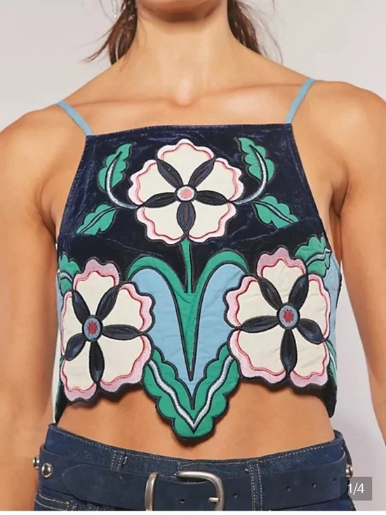 Free People Velvet Embroidered Floral Crop Top in Navy, Light Blue and Green