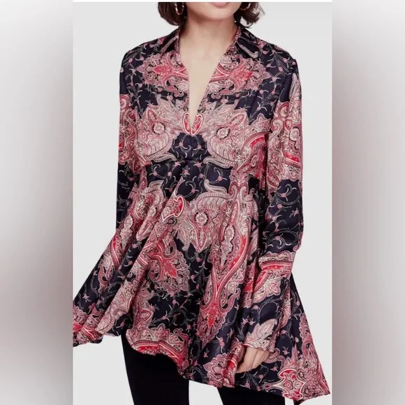 Free People Black and Red Paisley Top