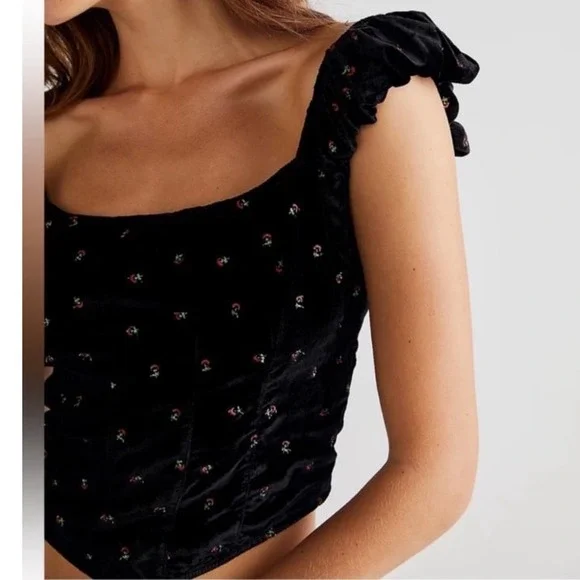 Free People Black Velvet Cropped Tank with Tiny Floral Embroidery