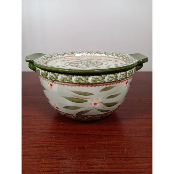 Temp-Tations Old World 1 Quart Serving Mixing Bowl With Lid Green EUC