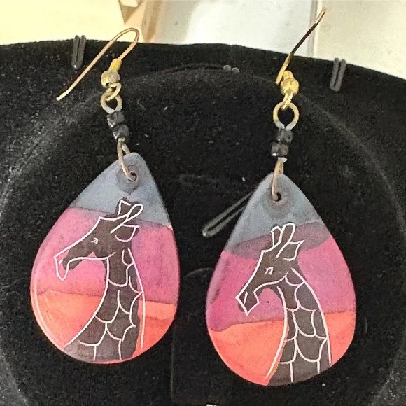Handmade Giraffe Sunset Teardrop Dangle‎ Earrings Multicolor Artisan Jewelry