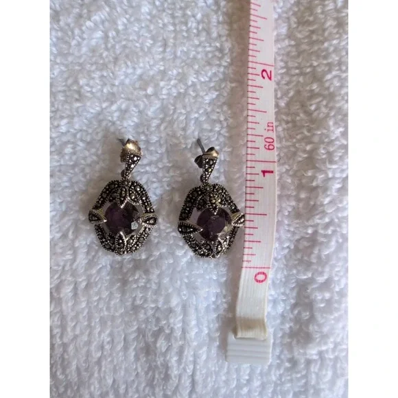 AMETHYST AND MARCASITE STERLING SILVER DANGLING‎ EARRINGS