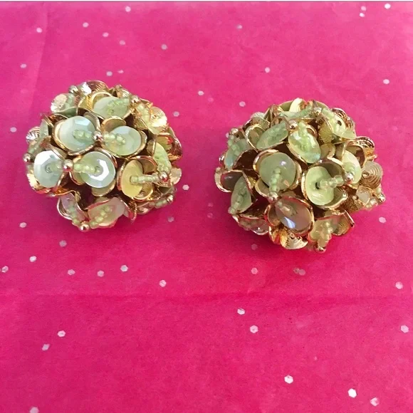Vintage Green and Gold Color Clip On Earrings