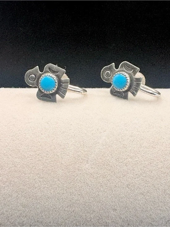 Vintage Bell Trading Post Sterling Turquoise Thunderbird Screw Back Earrings