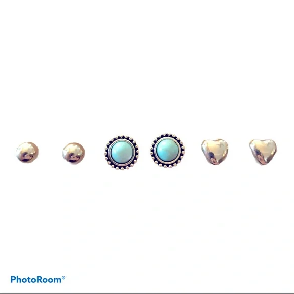 New! Bundle 3 Boho Desert Revival Studs Ball Heart Turquoise‎