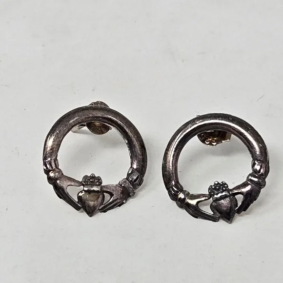 Vintage Sterling Silver Claddagh Hoop Stud Earring Irish Love Loyalty Friendship